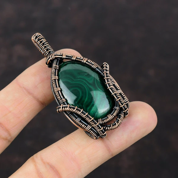 Malachite Oval Green Handmade Copper Wire Wrapped Pendant