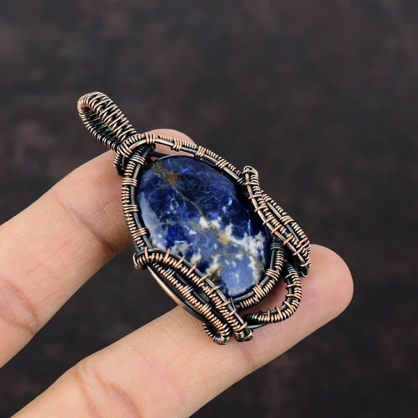 Sodalite Oval Blue Handmade Copper Wire Wrapped Pendant