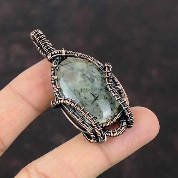 Moss Prehnite Oval Green Handmade Copper Wire Wrapped Pendant