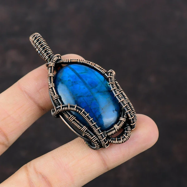 Blue Fire Labradorite Oval Blue Handmade Copper Wire Wrapped Pendant