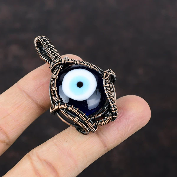Blue Color Evil Eye Round Blue Handmade Copper Wire Wrapped Pendant