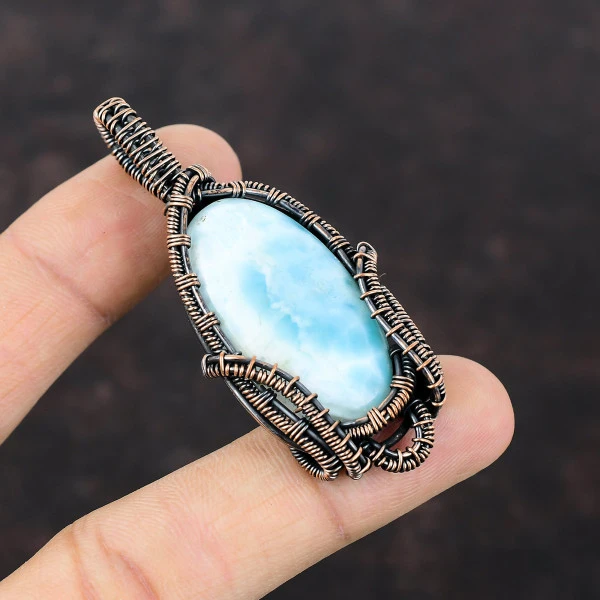 Larimar Oval Blue Handmade Copper Wire Wrapped Pendant