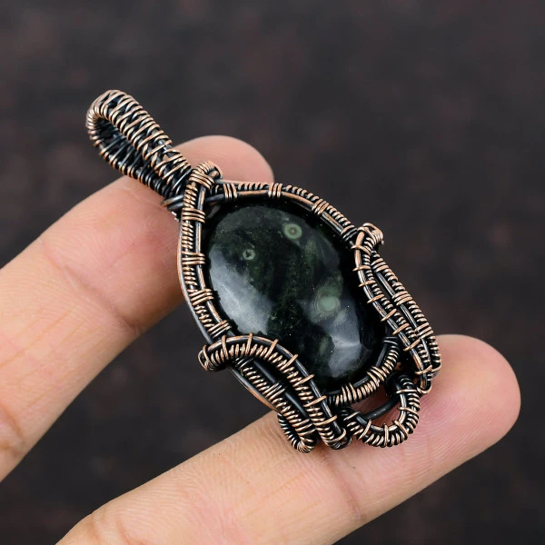 Kambaba Jasper Oval Green Handmade Copper Wire Wrapped Pendant