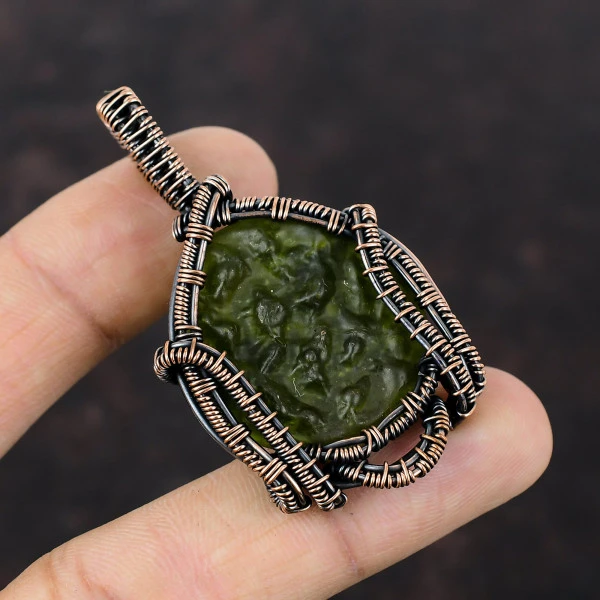 Moldavite Round Green Handmade Copper Wire Wrapped Pendant