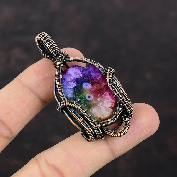 Rainbow Solar Quartz Druzy Round Pink Handmade Copper Wire Wrapped Pendant