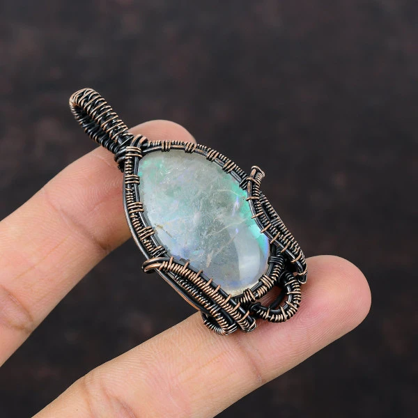 Rainbow Mystic Opal Oval White Handmade Copper Wire Wrapped Pendant
