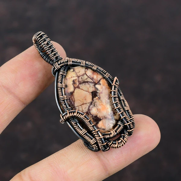 Birds Eye Jasper Oval Brown Handmade Copper Wire Wrapped Pendant