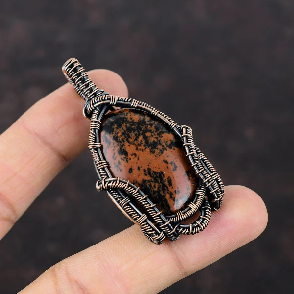 Mahogany Obsidian Oval Brown Handmade Copper Wire Wrapped Pendant