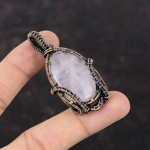 Rose Quartz Oval Pink Handmade Copper Wire Wrapped Pendant