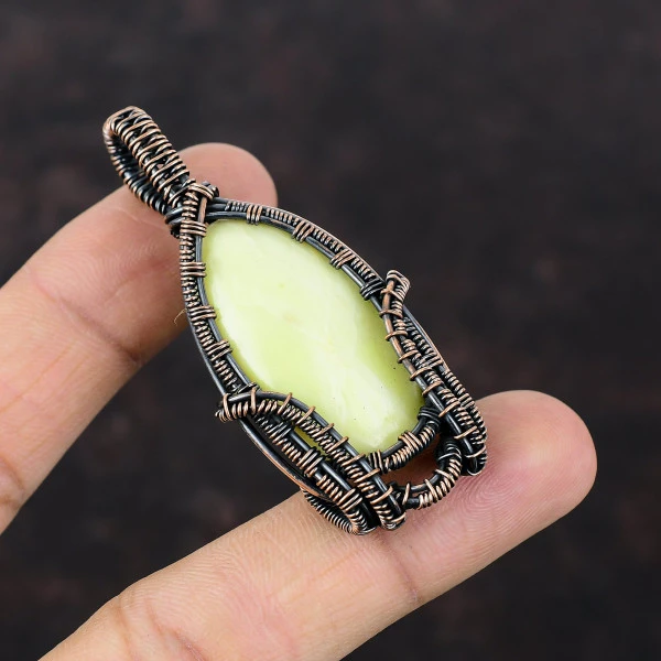 Serpentine Oval Green Handmade Copper Wire Wrapped Pendant