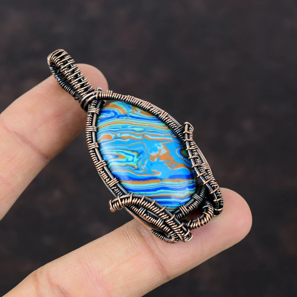 Rainbow Calsilica Oval Blue Handmade Copper Wire Wrapped Pendant