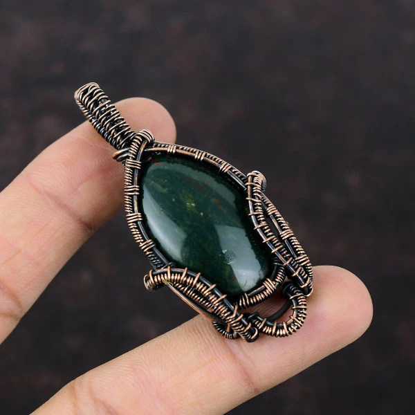 Bloodstone Oval Green Handmade Copper Wire Wrapped Pendant
