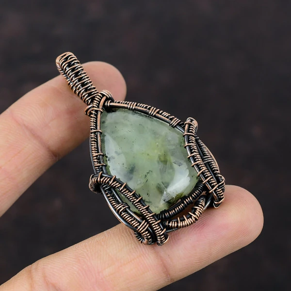 Moss Prehnite Pear Green Handmade Copper Wire Wrapped Pendant