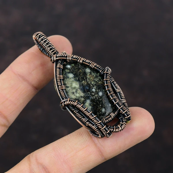 Ocean Jasper Oval Green Handmade Copper Wire Wrapped Pendant