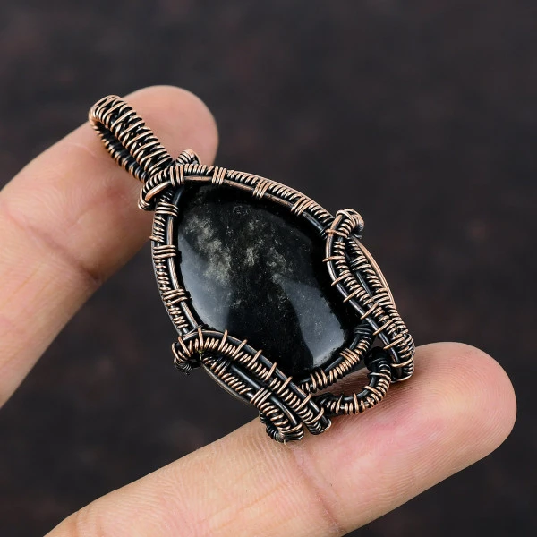 Silver Sheen Obsidian Oval Black Handmade Copper Wire Wrapped Pendant