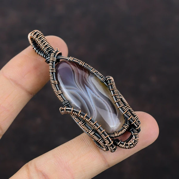 Crazy Lace Agate Oval Red Handmade Copper Wire Wrapped Pendant