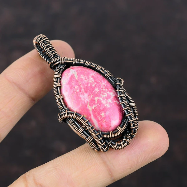 Thulite Oval Pink Handmade Copper Wire Wrapped Pendant
