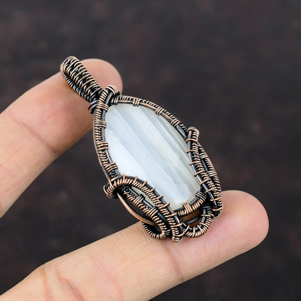 Botswana Agate Oval White Handmade Copper Wire Wrapped Pendant