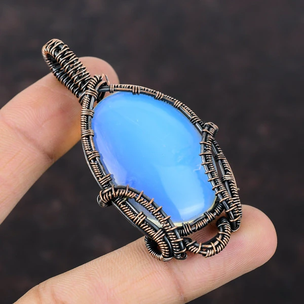 Milky Opal Oval White Handmade Copper Wire Wrapped Pendant