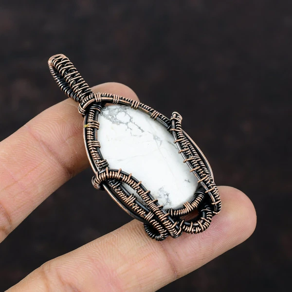Howlite Oval White Handmade Copper Wire Wrapped Pendant