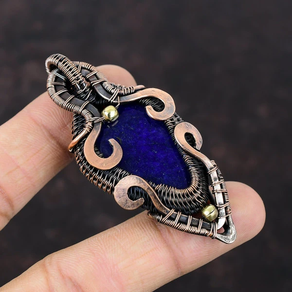 Blue Sapphire Pear Blue Handmade Copper Wire Wrapped Pendant