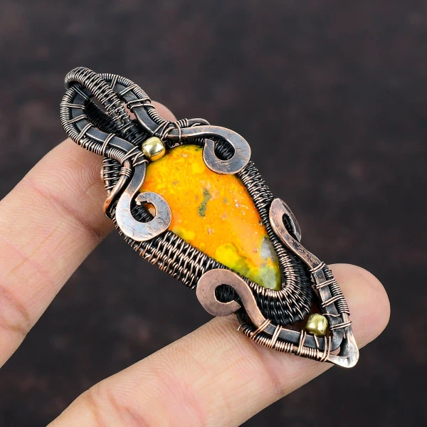 Bumble Bee Jasper Pear Yellow Handmade Copper Wire Wrapped Pendant