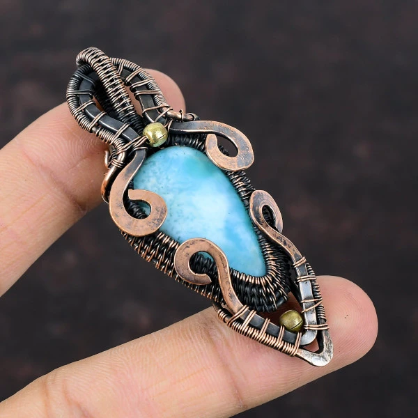 Larimar Pear Blue Handmade Copper Wire Wrapped Pendant