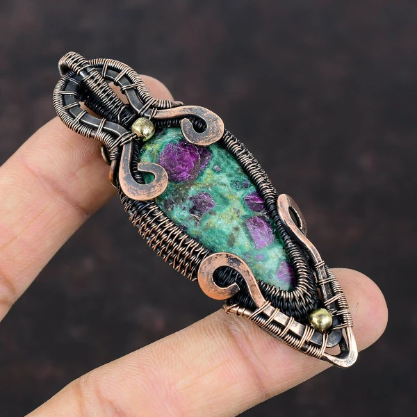 Ruby Fuchsite Pear Green Handmade Copper Wire Wrapped Pendant