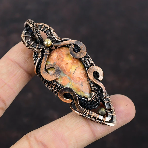 Maligano Jasper Pear Yellow Handmade Copper Wire Wrapped Pendant