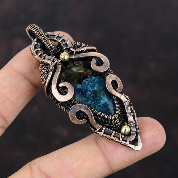 Watermelon Tourmaline Pear Blue Handmade Copper Wire Wrapped Pendant