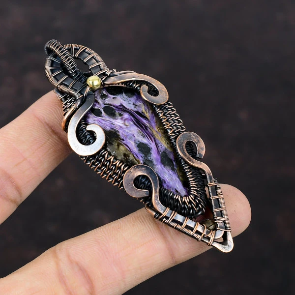 Charoite Pear Purple Handmade Copper Wire Wrapped Pendant