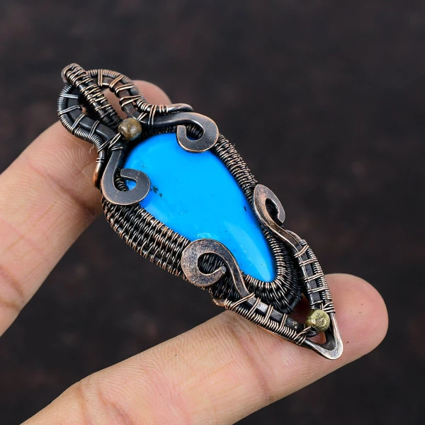 Sleeping Beauty Turquoise Pear Blue Handmade Copper Wire Wrapped Pendant