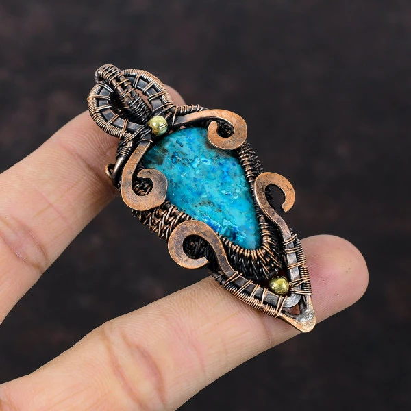 Chrysocolla Pear Blue Handmade Copper Wire Wrapped Pendant