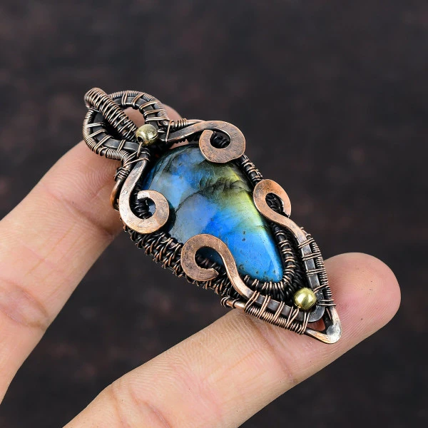 Labradorite Pear Blue Handmade Copper Wire Wrapped Pendant