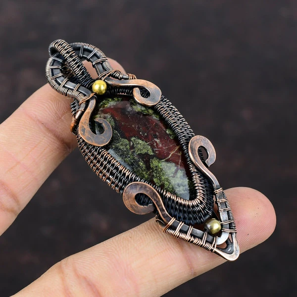 Dragon Bloodstone Pear Green Handmade Copper Wire Wrapped Pendant