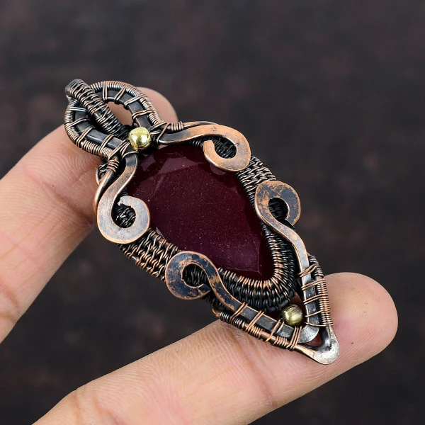 Kashmir Ruby Pear Red Handmade Copper Wire Wrapped Pendant