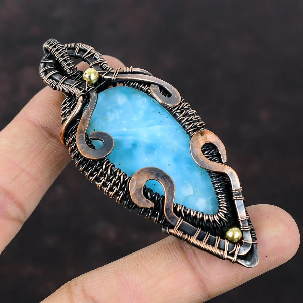 Hemimorphite Pear Blue Handmade Copper Wire Wrapped Pendant