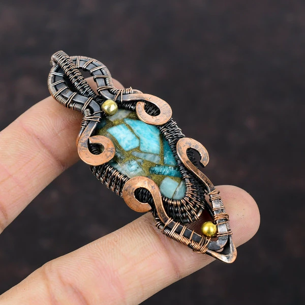Copper Amazonite Pear Green Handmade Copper Wire Wrapped Pendant