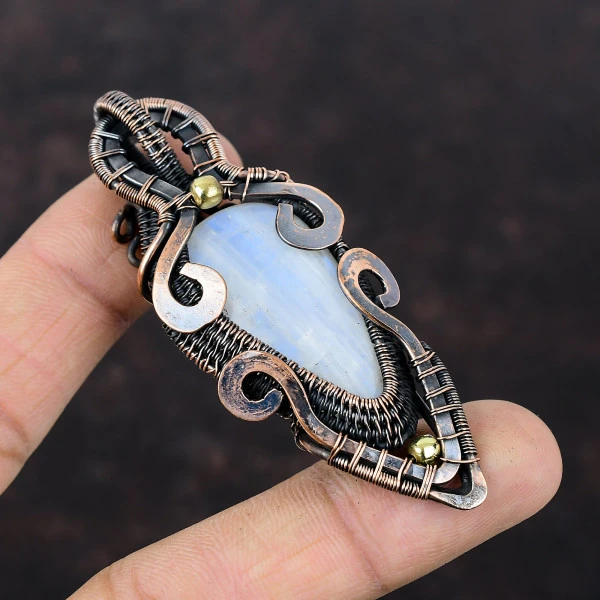 Rainbow Moonstone Pear White Handmade Copper Wire Wrapped Pendant