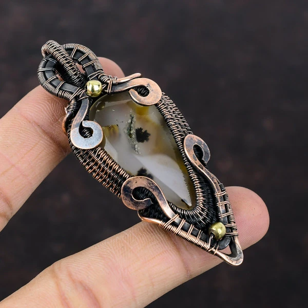 Montana Agate Pear Brown Handmade Copper Wire Wrapped Pendant