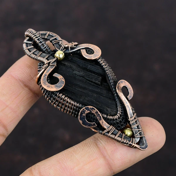 Black Tourmaline Rough Pear Black Handmade Copper Wire Wrapped Pendant
