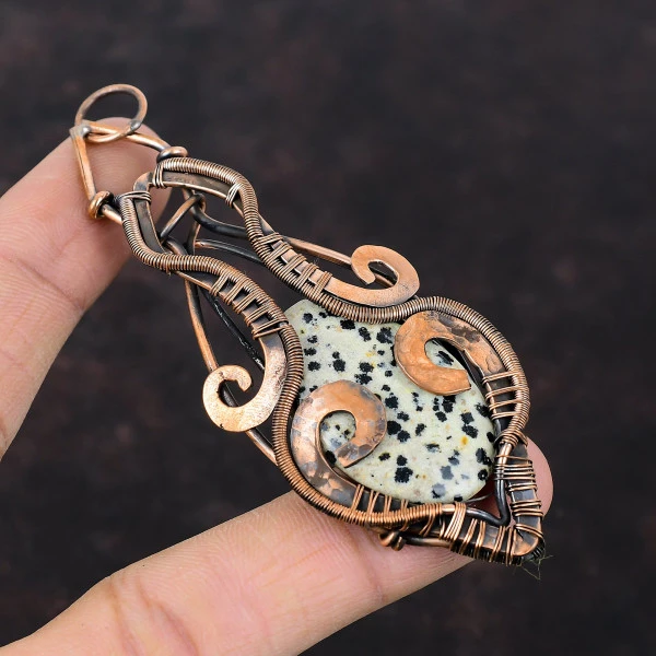 Dalmatian Jasper Oval Black Handmade Copper Wire Wrapped Pendant