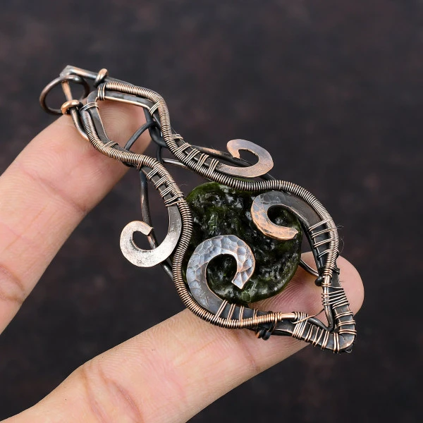 Handmade Round Moldavite Pendant | Copper Wire Wrapped Natural Gemstone Jewelry