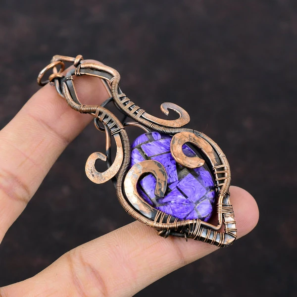 Copper Charoite Oval Purple Handmade Copper Wire Wrapped Pendant