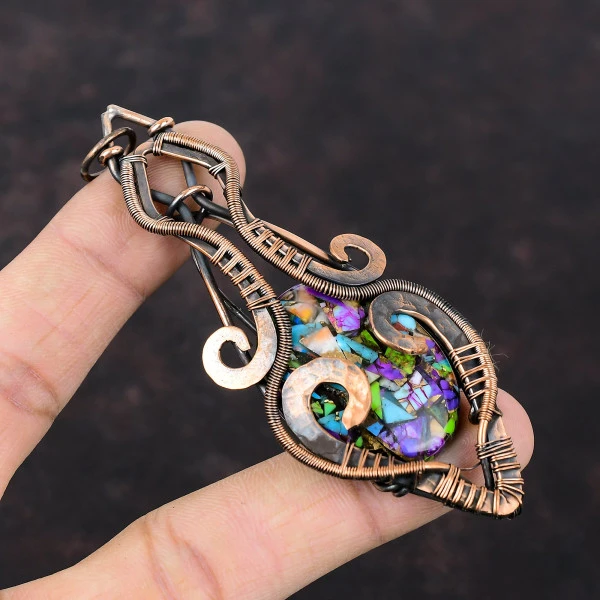 Fiesta Kingman Turquoise Oval Green Handmade Copper Wire Wrapped Pendant