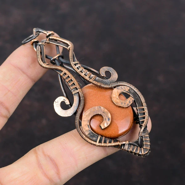 Sun Sitara Oval Orange Handmade Copper Wire Wrapped Pendant