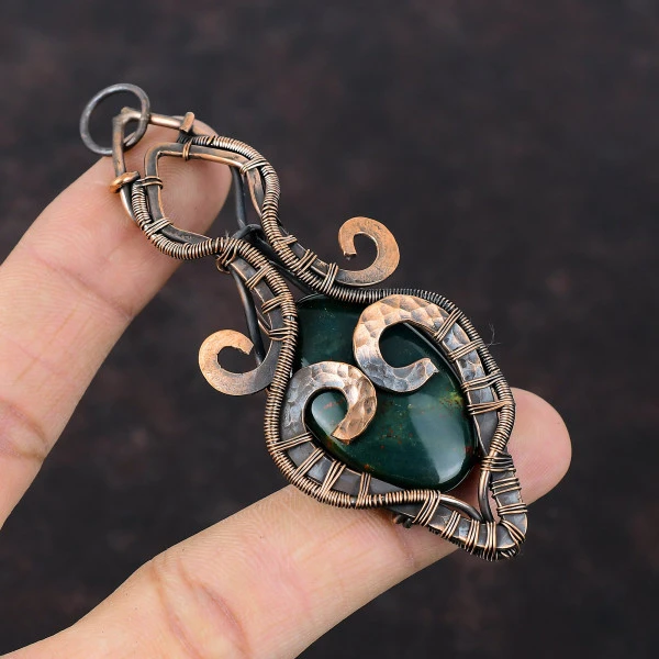 Bloodstone Oval Green Handmade Copper Wire Wrapped Pendant