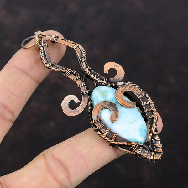 Larimar Oval Blue Handmade Copper Wire Wrapped Pendant