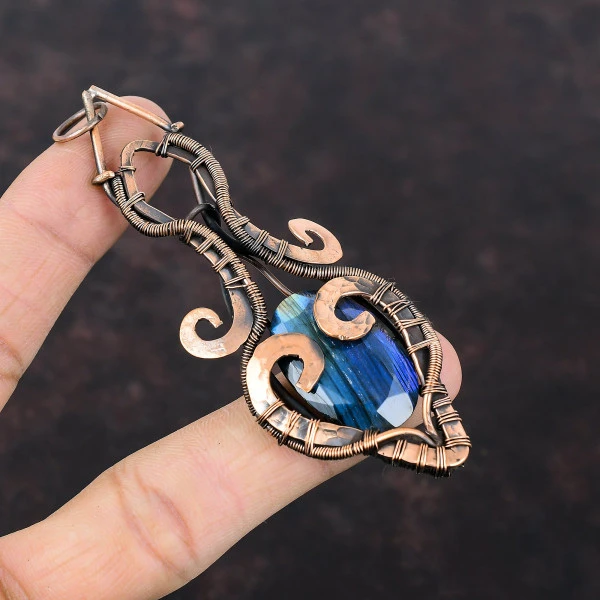 Labradorite Oval Blue Handmade Copper Wire Wrapped Pendant