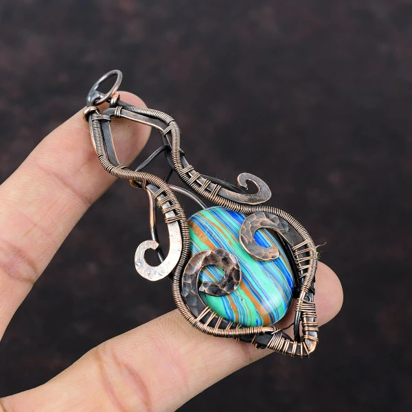 Rainbow Calsilica Oval Blue Handmade Copper Wire Wrapped Pendant